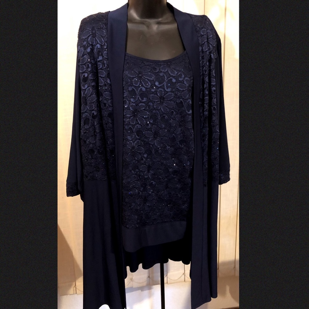 R & M Richards Woman Formal Navy Sequined Lace Tank w/ Jacket SIZE 18W